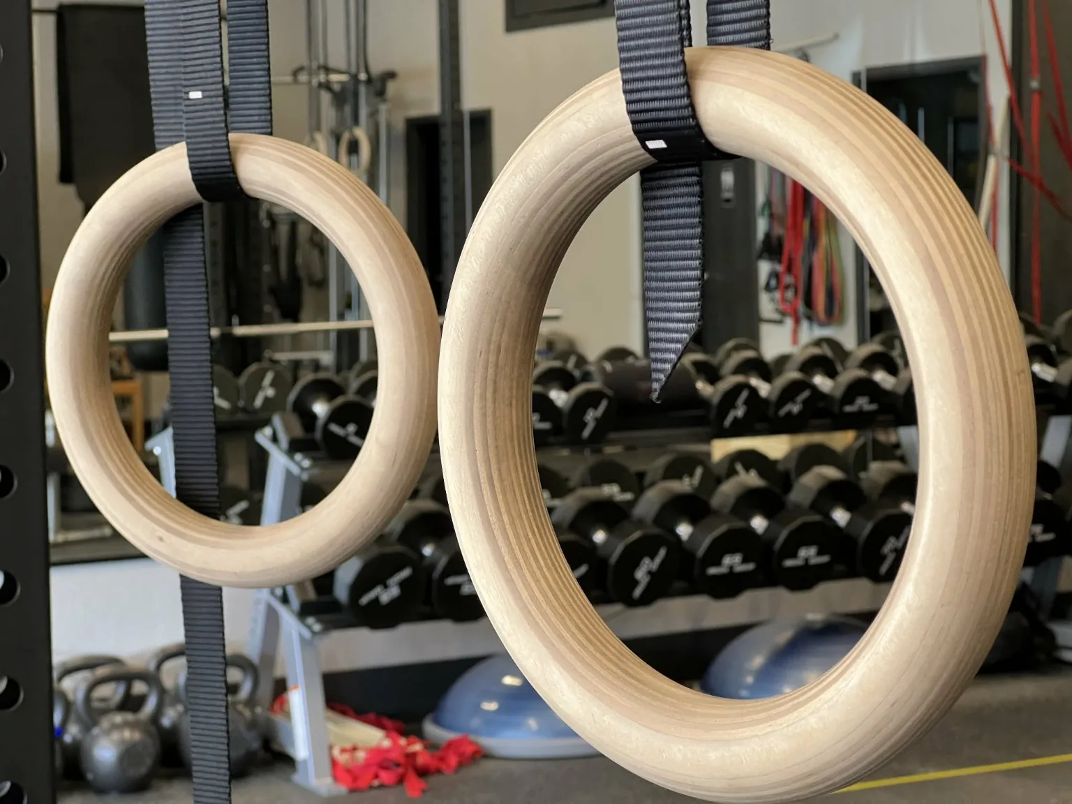 Gymnastics rings and weights in the studio