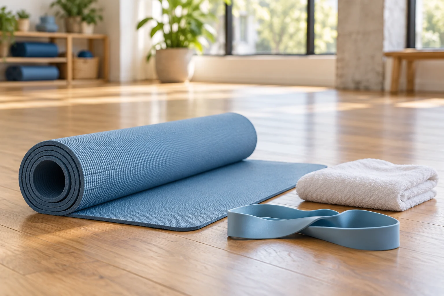 An exercise mat, light resistance band, and towel in a welcoming studio